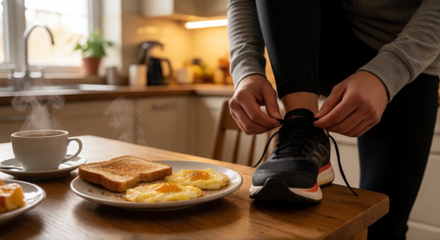 es mejor andar en ayunas o despues de desayunar, Persona preparándose para caminar después de desayunar en la cocina