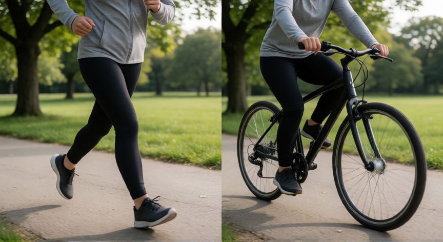 es mejor andar en bici o caminar, Persona caminando y otra en bicicleta comparando ejercicio al aire libre