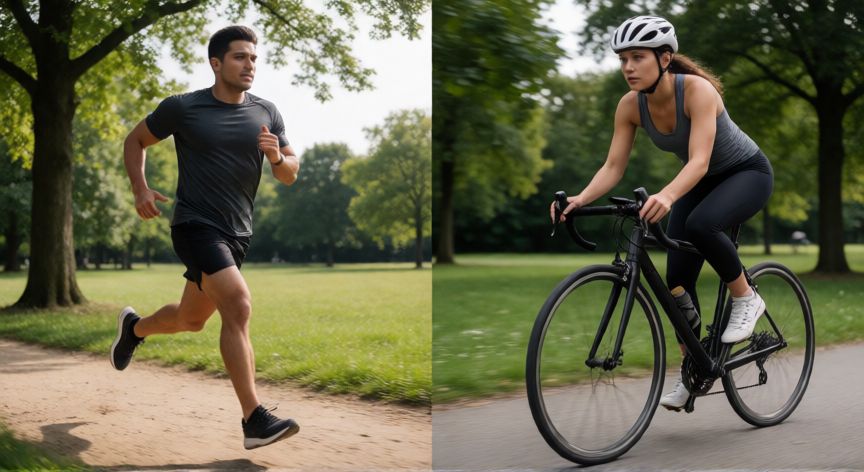 es mejor andar en bici o correr, Compartir de un corredor y un ciclista entrenando en la naturaleza