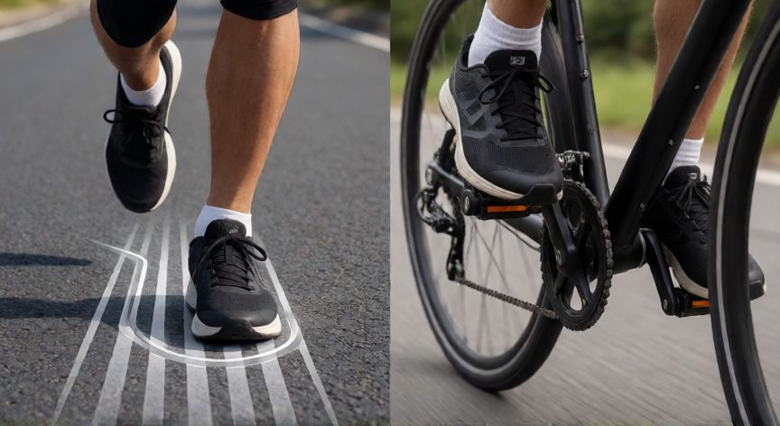 es mejor andar en bici o correr, Detalle de impacto en pies al correr y movimiento en bicicleta