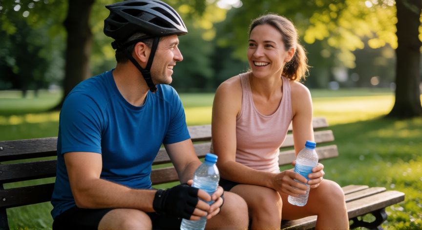 es mejor andar en bici o trotar, Atleta corriendo y ciclista descansando juntos en un parque