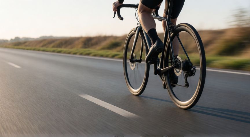 es mejor andar en bicicleta sobre una superficie plana y dura, Ciclista rodando a velocidad constante sobre asfalto plano y liso bajo luz solar