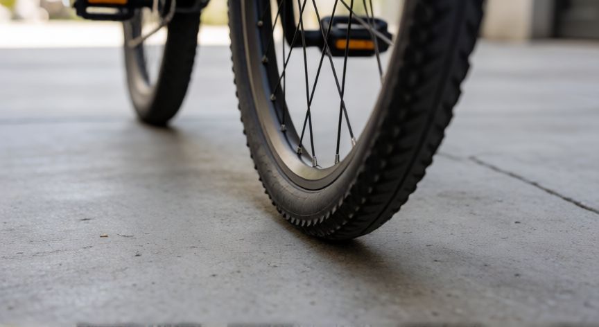es mejor andar en bicicleta sobre una superficie plana y dura, Primer plano de neumáticos de bicicleta sobre pavimento de hormigón duro y liso