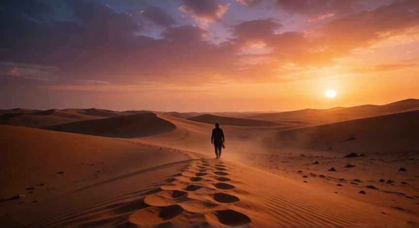 es mejor andar en el desierto que con mujer rencillosa, Persona caminando sola en el desierto al atardecer simbolizando la libertad