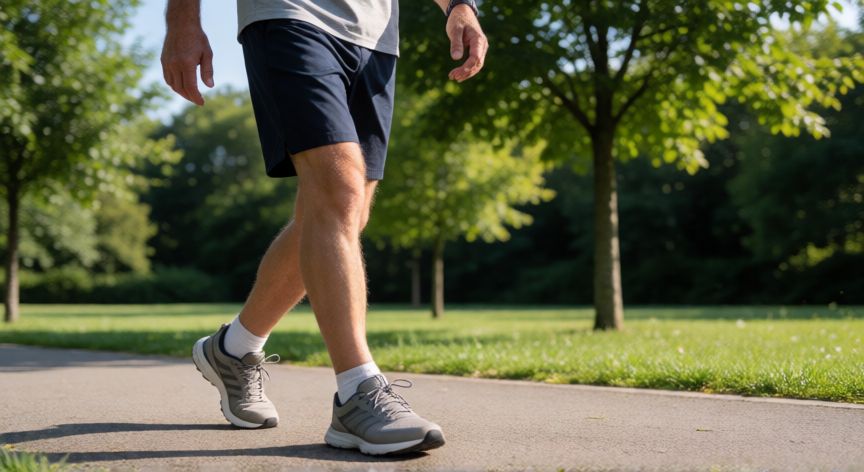 es mejor andar o bici estatica, Hombre mayor caminando por un parque soleado con ropa deportiva cómoda