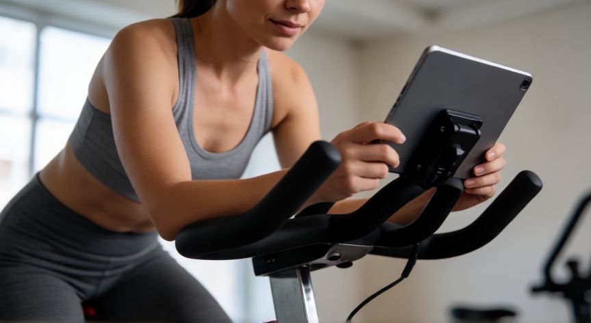 es mejor andar o bici estatica, Mujer ejercitándose en bicicleta estática mirando una tableta en un gimnasio