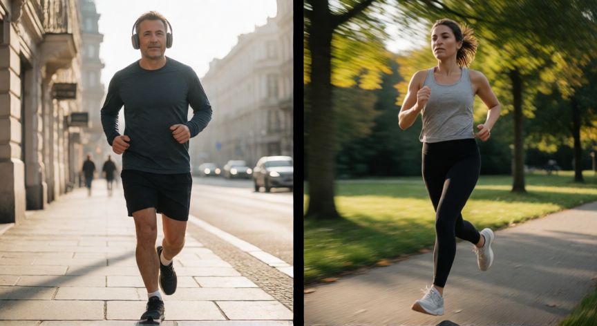 es mejor andar o correr, Comparativa visual entre caminar y correr en entornos urbanos y de parque
