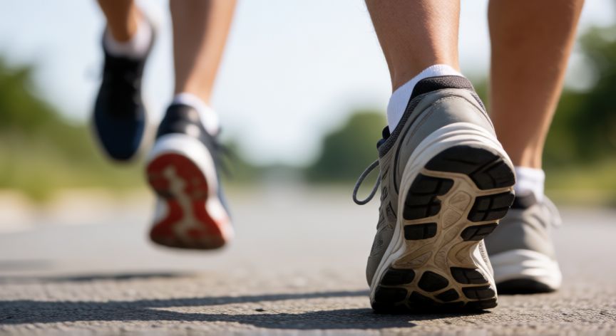 es mejor andar o correr, Detalle de los pies mostrando la diferencia entre el paso al andar y el tranco al correr
