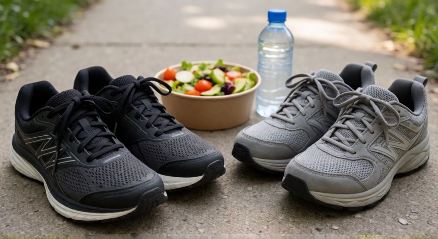 es mejor andar o correr para adelgazar, Zapatillas de deporte y una ensalada sana en el fondo