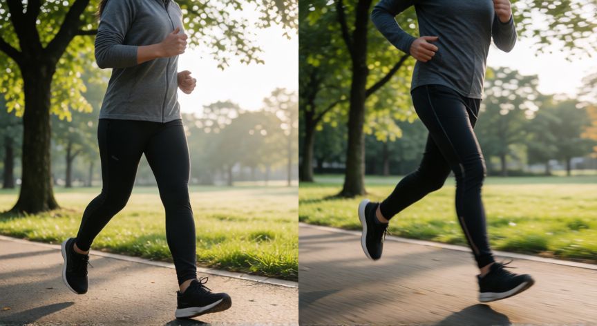 es mejor andar o correr para perder grasa, Comparación realista entre una persona caminando y otra corriendo en un parque