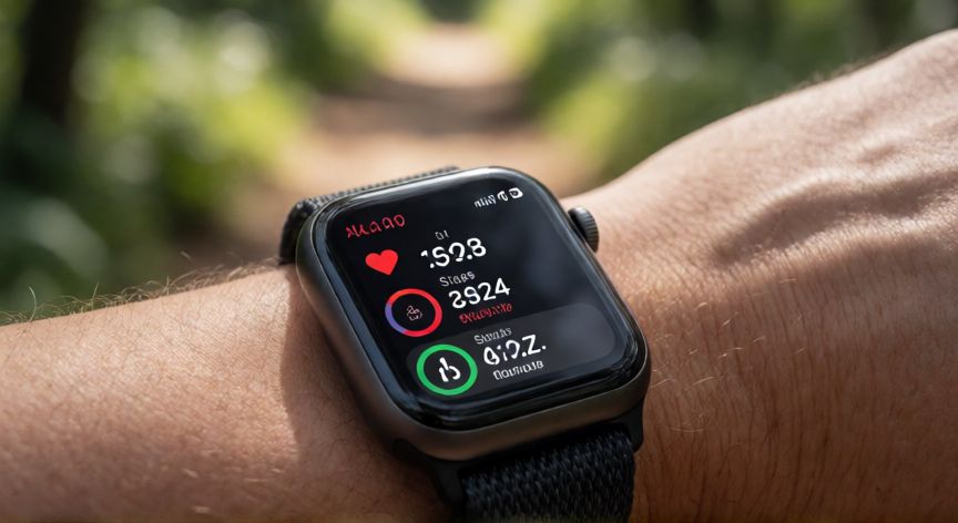 es mejor andar o correr para perder grasa, Detalle de un reloj inteligente mostrando métricas de actividad física al aire libre