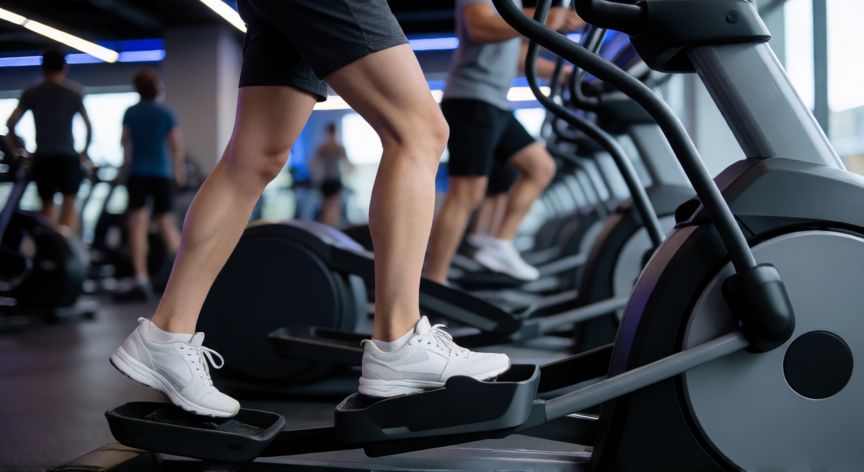 es mejor andar o eliptica, Persona usando una máquina de elíptica en un gimnasio moderno