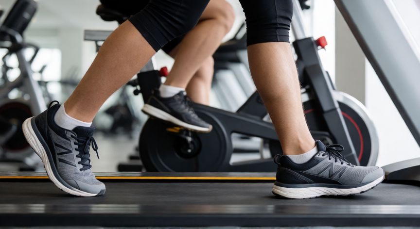 es mejor andar o hacer bicicleta, Detalle de piernas ejercitándose en cinta y bicicleta estática