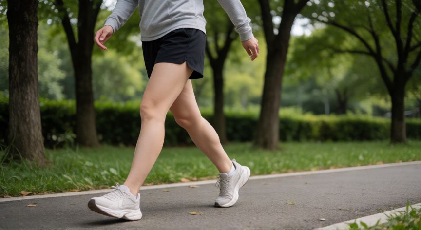 es mejor andar o ir en bici, Persona caminando por un parque urbano con luz natural
