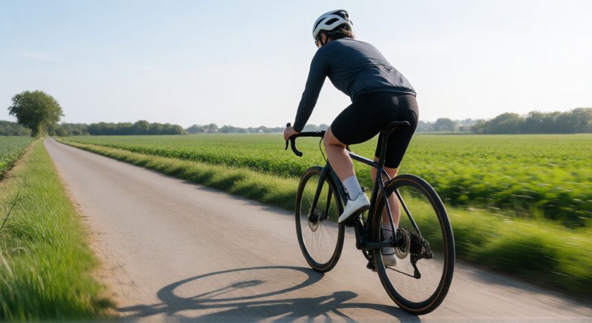 es mejor andar o ir en bici, Ciclista en movimiento por una carretera rural con campos verdes