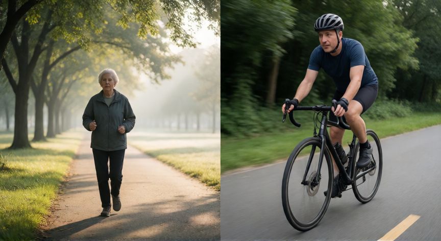 es mejor andar o montar en bici, Comparación visual entre una persona caminando por un parque y otra montando en bicicleta