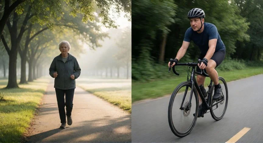 Comparación visual entre una persona caminando por un parque y otra montando en bicicleta