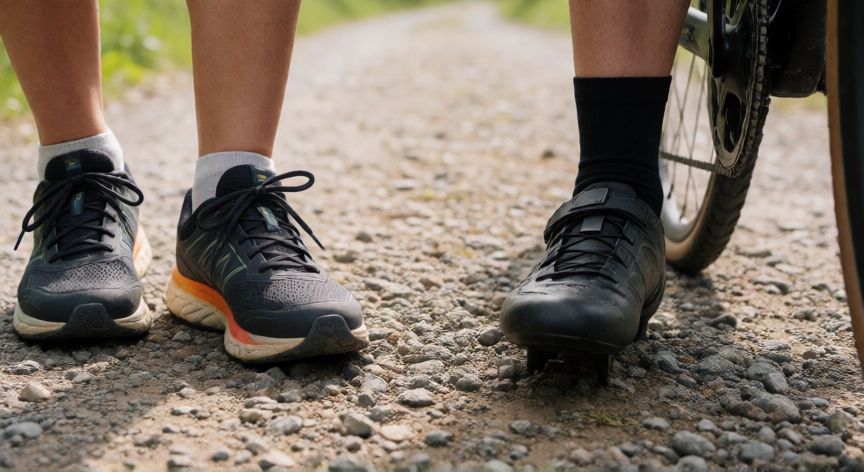 es mejor andar o montar en bici, Detalle de calzado para caminar y cicloturismo sobre diferentes superficies
