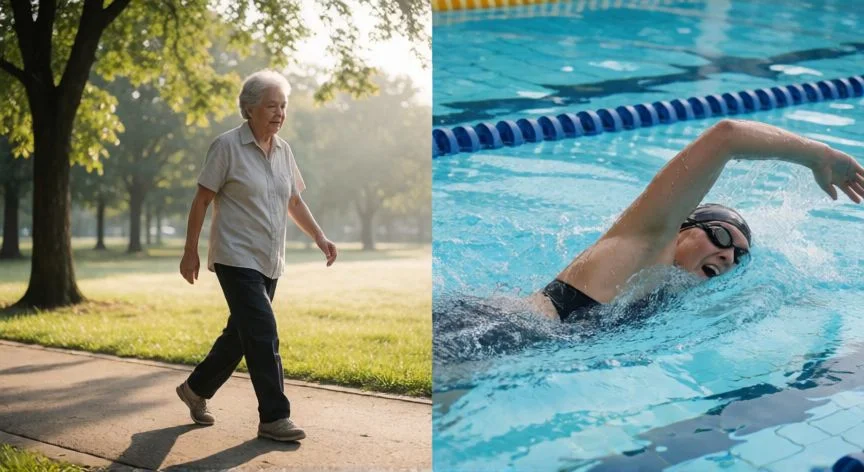 Comparativa visual entre caminar en un parque y nadar en una piscina