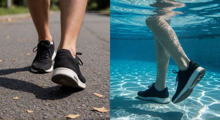 es mejor andar o nadar, Detalle de la diferencia de impacto entre caminar en asfalto y nadar en el agua