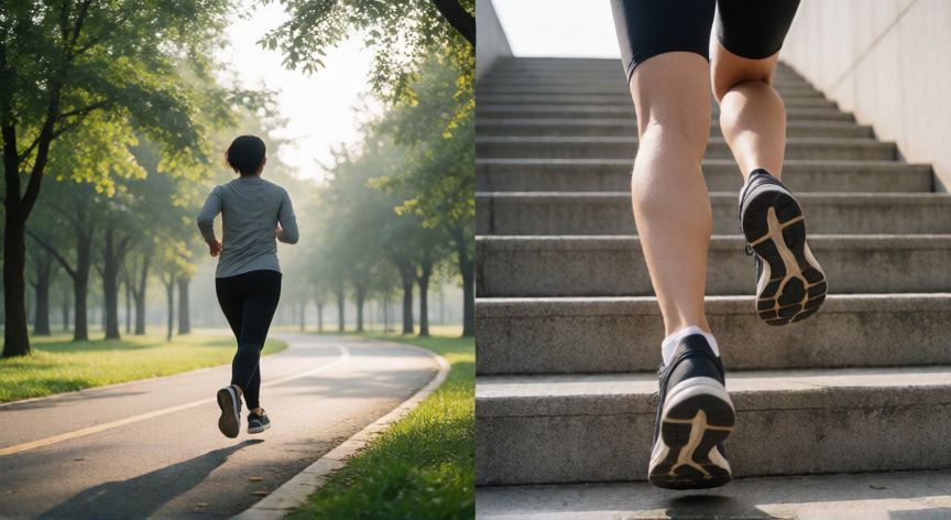 es mejor andar o subir escaleras, Comparativa visual entre caminar en un parque y subir escaleras