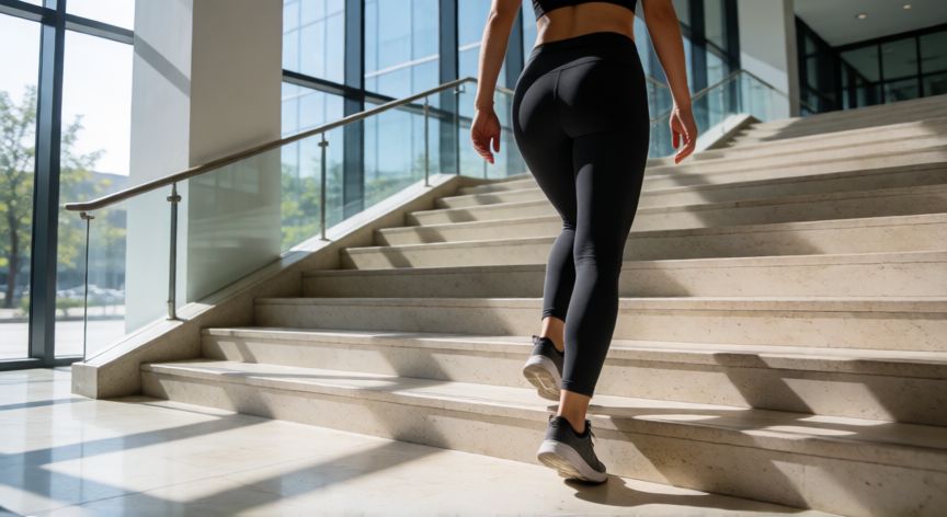 es mejor andar o subir escaleras, Mujer subiendo escaleras en un edificio de oficinas