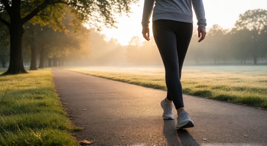 es mejor andar por la mañana o por la tarde, Persona caminando por la mañana en un parque al amanecer