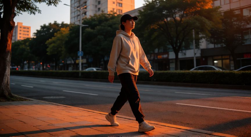 es mejor andar por la mañana o por la tarde, Persona paseando por la tarde con luz de atardecer en ciudad