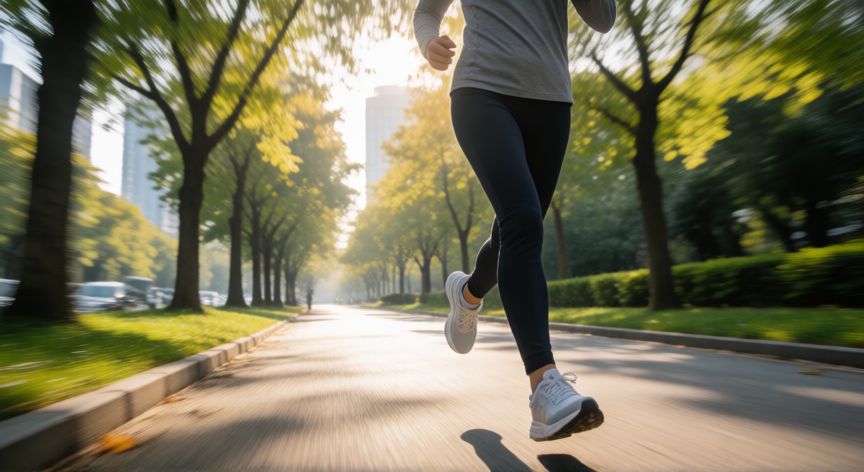 es mejor andar rapido o correr, Persona corriendo por un parque con árboles en la mañana