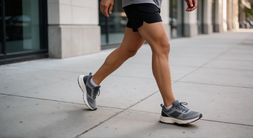 es mejor andar rapido o correr, Persona caminando rápido por una acera urbana con ropa deportiva