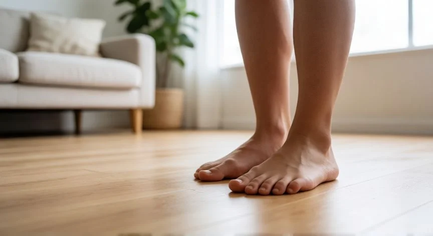 Pies descalzos sobre suelo de madera en una sala de estar luminosa