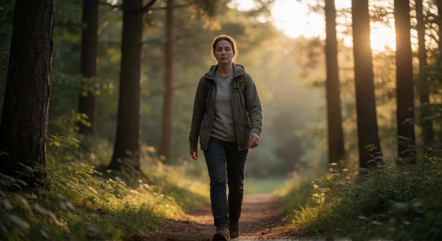 Persona caminando sola por un bosque en soledad activa