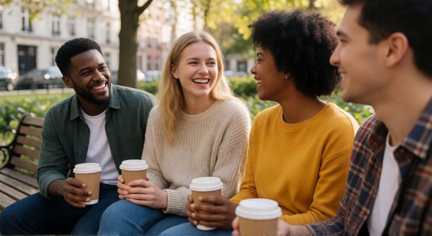 es mejor andar solo, Grupo de amigos conectando socialmente en un parque