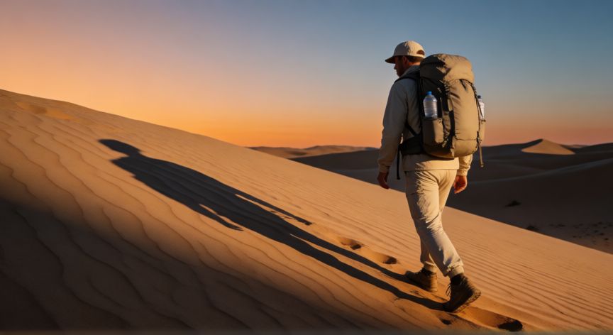 es mejor andar solo en el desierto, Hombre caminando solo por una duna de arena al atardecer