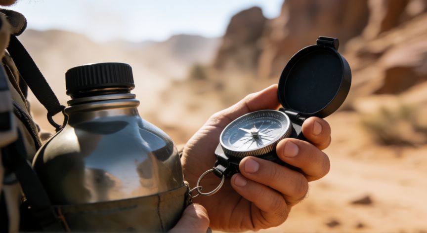 es mejor andar solo en el desierto, Manos de un excursionista usando una brújula en el desierto