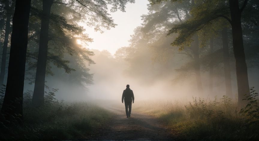 es mejor andar solo que mal acompañado, Persona caminando sola en un sendero boscoso al amanecer