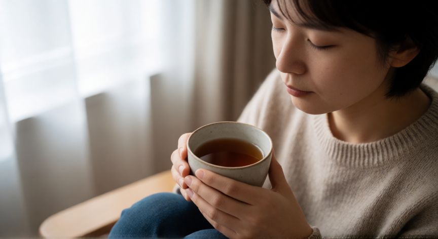es mejor andar solo que mal acompañado, Persona meditando en paz con una taza de té cerca de una ventana