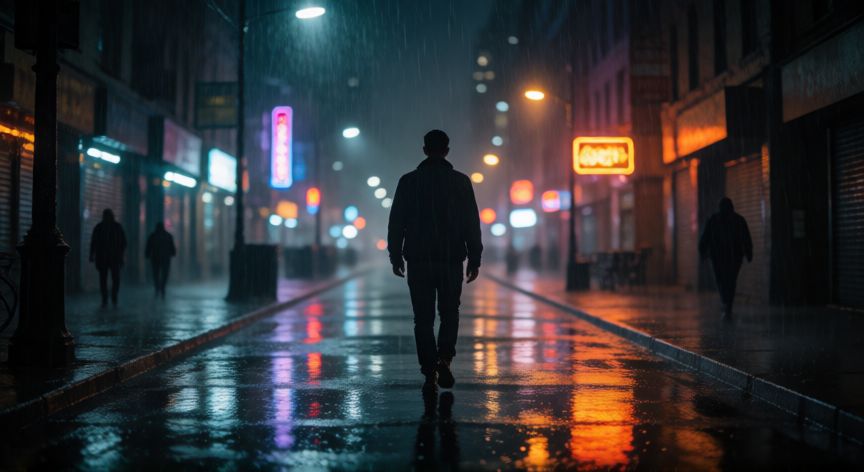 es mejor andar solo que mal acompañado en ingles, Persona caminando sola en ciudad nocturna reflexiva
