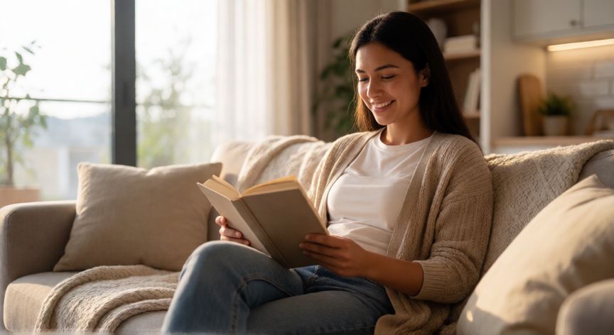 Mujer disfrutando de su tiempo a solas en un apartamento moderno