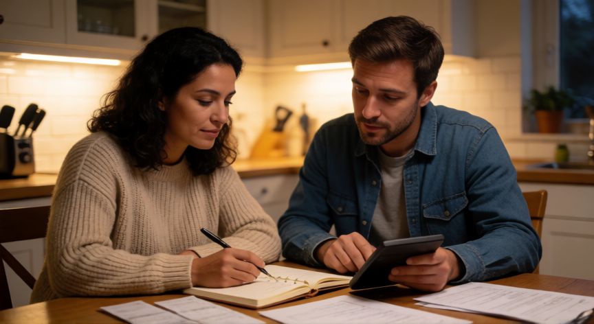es mejor andar soltero que casado y sin dinero, Pareja revisando cuentas y presupuestos en casa