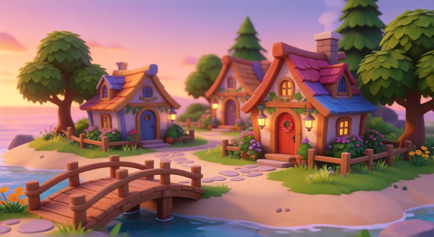 es mejor animal crossing o tomodachi life, Paisaje tranquilo de una isla en Animal Crossing con casas, caminos y decoración colorida