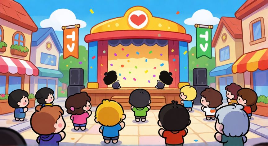 es mejor animal crossing o tomodachi life, Plaza divertida estilo Tomodachi Life con personajes animados, escenario y ambiente festivo