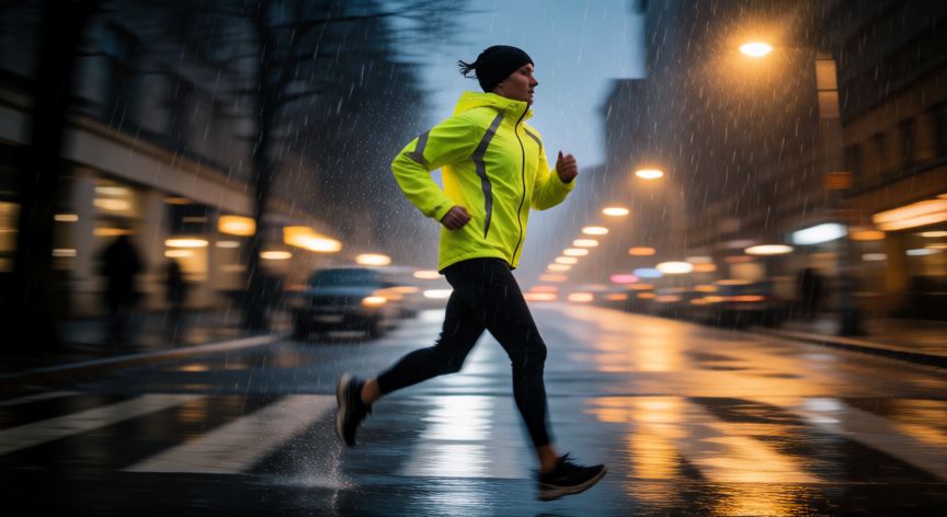 es mejor caminar o correr bajo la lluvia, Persona corriendo bajo la lluvia en una calle urbana con ropa reflectante