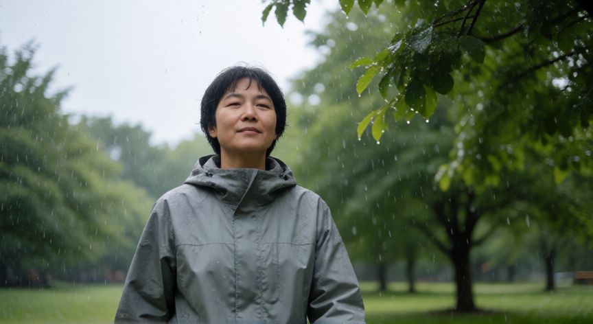 es mejor caminar o correr bajo la lluvia, Persona caminando tranquilamente bajo la lluvia en un parque arbolado