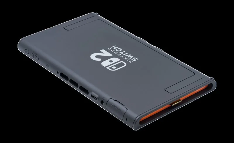 Consola Nintendo Switch 2 con Joy-Con 2 magnéticos acoplados, vista trasera con soporte