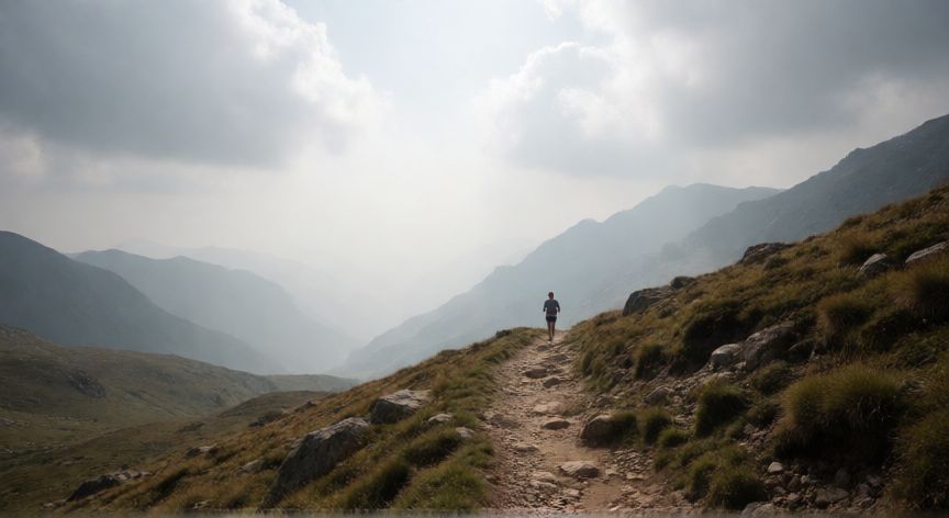 es mejor correr a nivel del mar, Paisaje de montaña en altura con corredor en la distancia mostrando el entorno de entrenamiento en hipoxia
