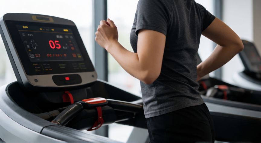 es mejor correr al aire libre o en caminadora, Persona corriendo en una caminadora en un gimnasio moderno