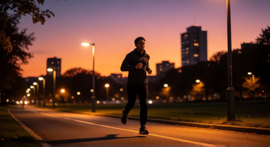 es mejor correr antes o despues de cenar, Corredor trotando por un parque urbano al atardecer antes de cenar
