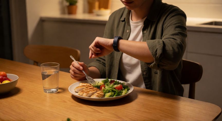 es mejor correr antes o despues de cenar, Persona cenando en una cocina iluminada mientras revisa su reloj inteligente