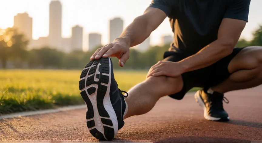 Atleta estirando las piernas antes de correr por la mañana